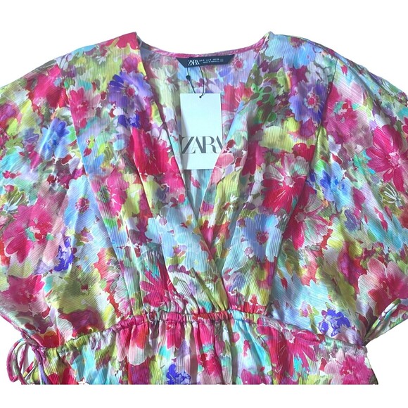 Zara Dress Womens S Multicolor Floral Satin Effect Tiered Mini Drawstrings NWT - Picture 4 of 16